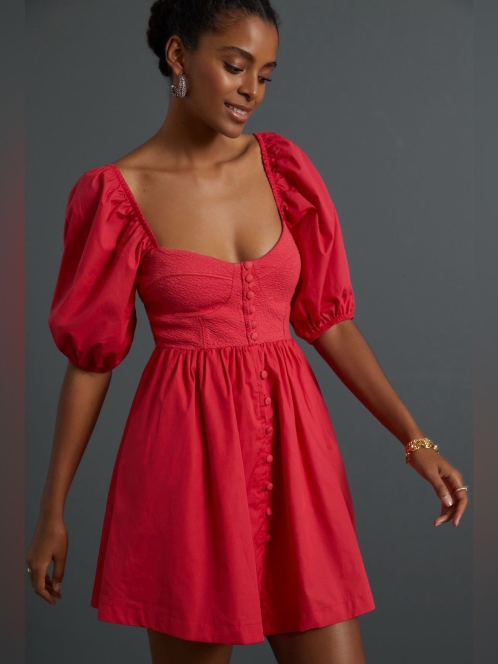 Maeve Puff-Sleeved Sweetheart Mini Dress Red Lined Summer Anthropologie